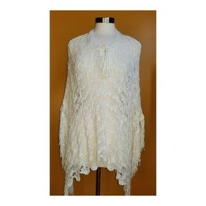 Steve Madden Crochet Knit Fringe Boho Poncho Cream